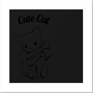 Black White Simple Cute Cat Posters and Art